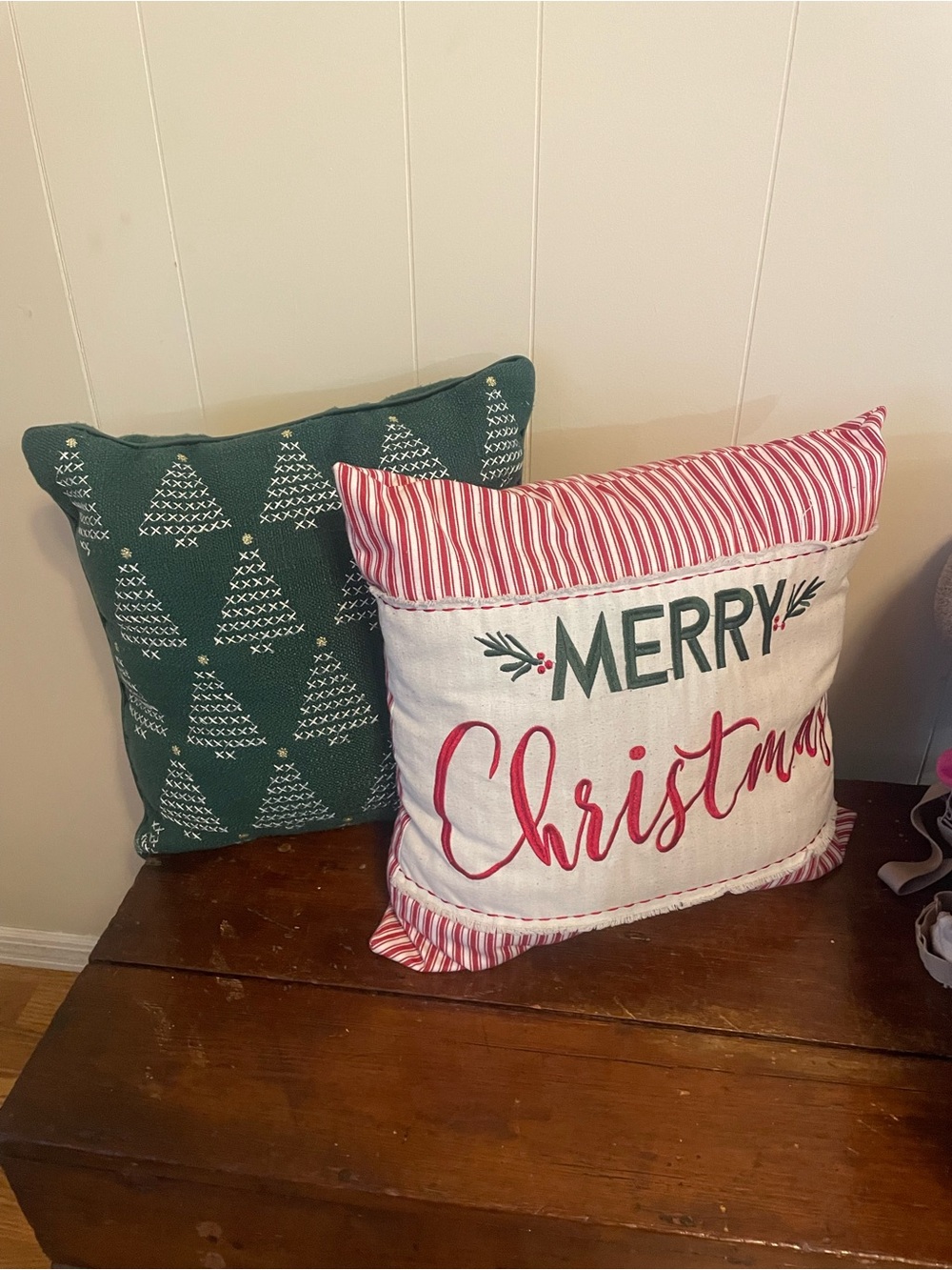 Kirklands Set of 2 Embroidered Christmas Trees Festive Santa Throw Pillow